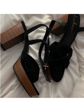 Lulu's Black Suede Platform Block Heel Sandals